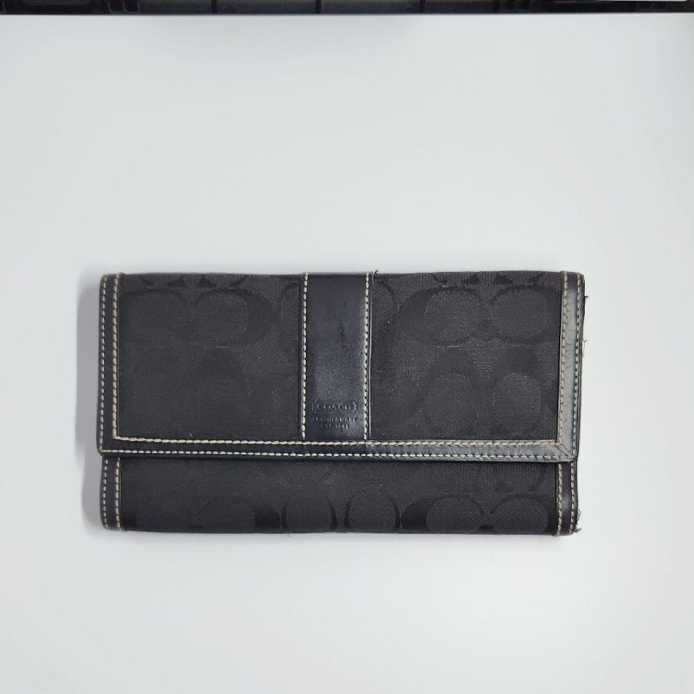 Coach Signature Jacquard & Leather Contrast Stitch Snap Flap Long Wallet